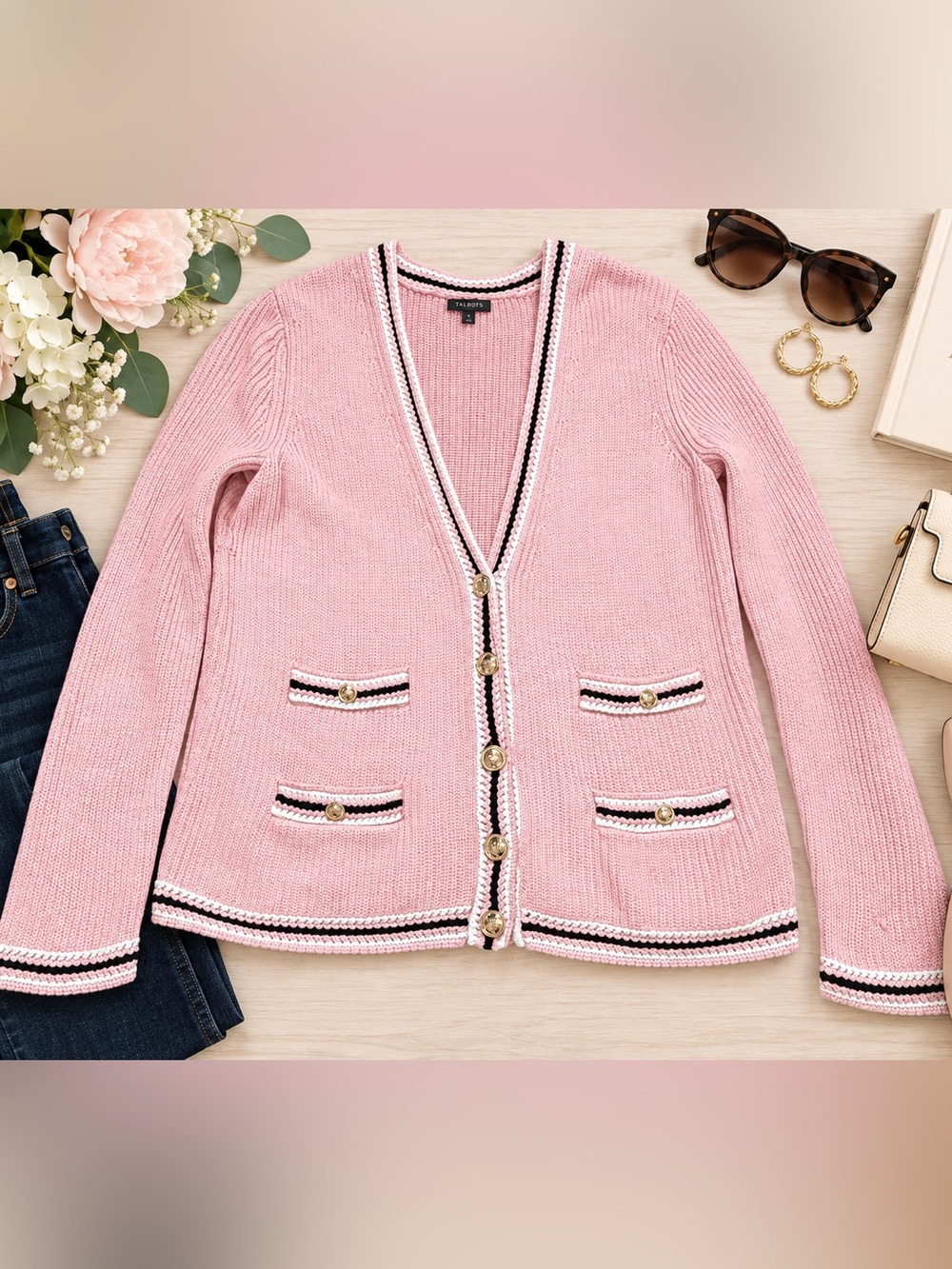 Talbots Pink Cotton Knit Cardigan Gold Buttons Contrast Trim Size M